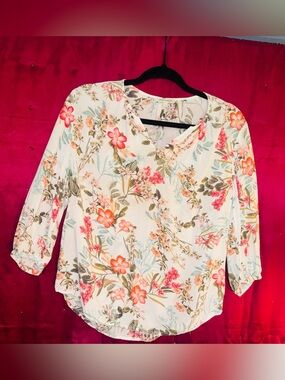 👑 Cute Feminine Size Small Anne Carson Cream Floral V-Neck Peasant Blouse
